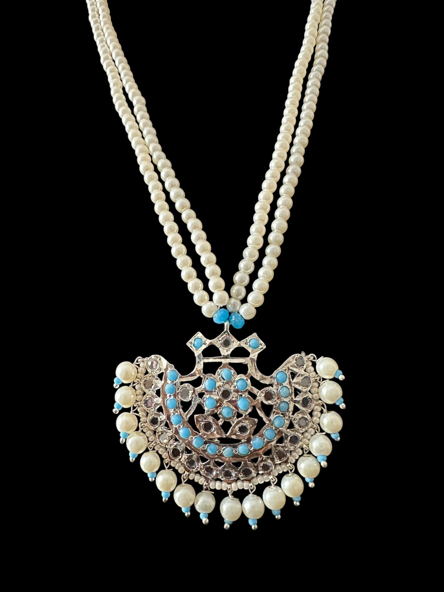 Turquoise / feroza hyderabadi silver plated pendant set with pearls ( READY TO SHIP  )