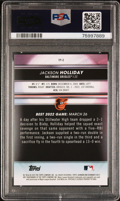 Graded 2022 Topps Bowmans Best Jackson Holliday #TP2 Top Prospects-Atomic Refractor Rookie RC Baseball Card PSA 10 Gem Mint