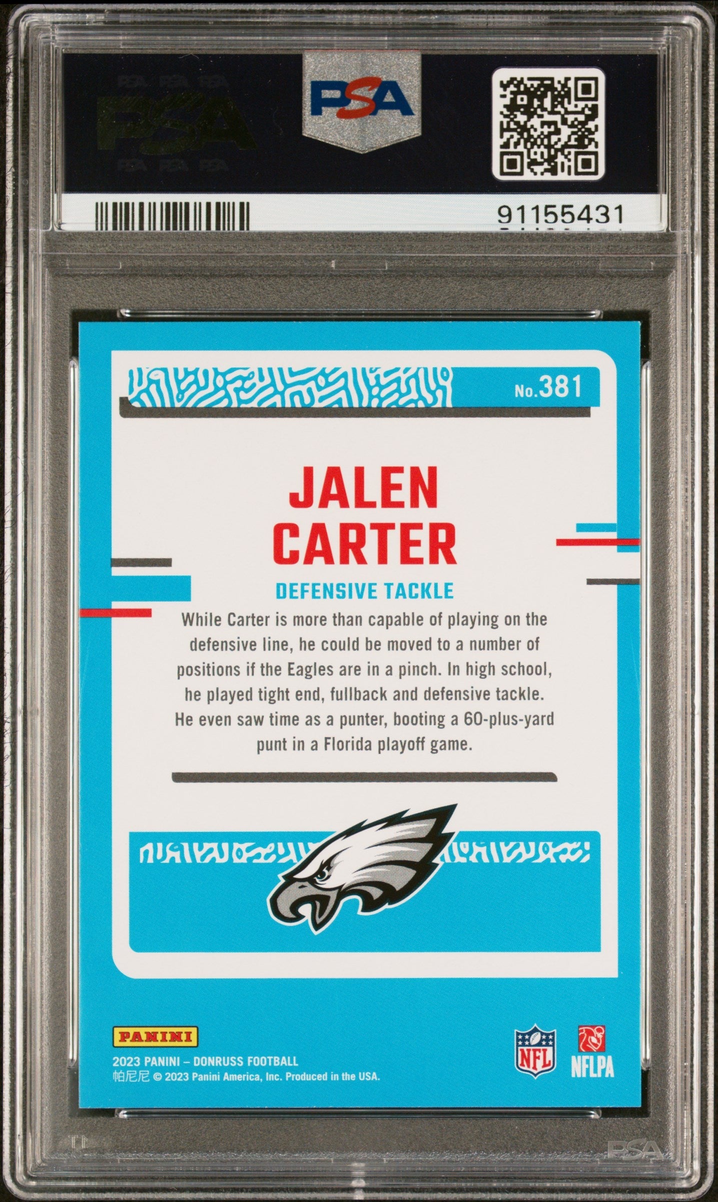 Graded 2023 Panini Donruss Jalen Carter #381 Rookie RC Football Card PSA 10 Gem Mint