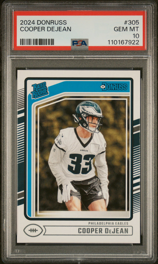 Graded 2024 Panini Donruss Cooper DeJean #305 Rookie RC Football Card PSA 10 Gem Mint