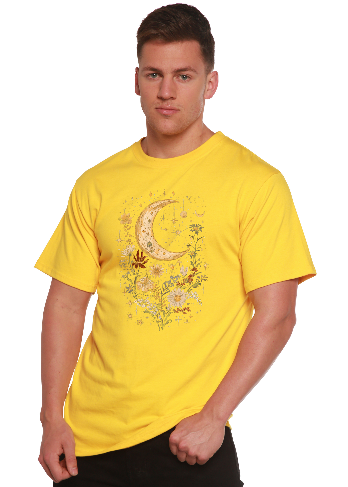 Celestial Moon Boho Flowers Vintage Unisex Bamboo/Cotton Graphic T-Shirt