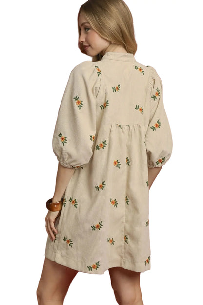 Corduroy Babydoll Dress with Floral Embroidery