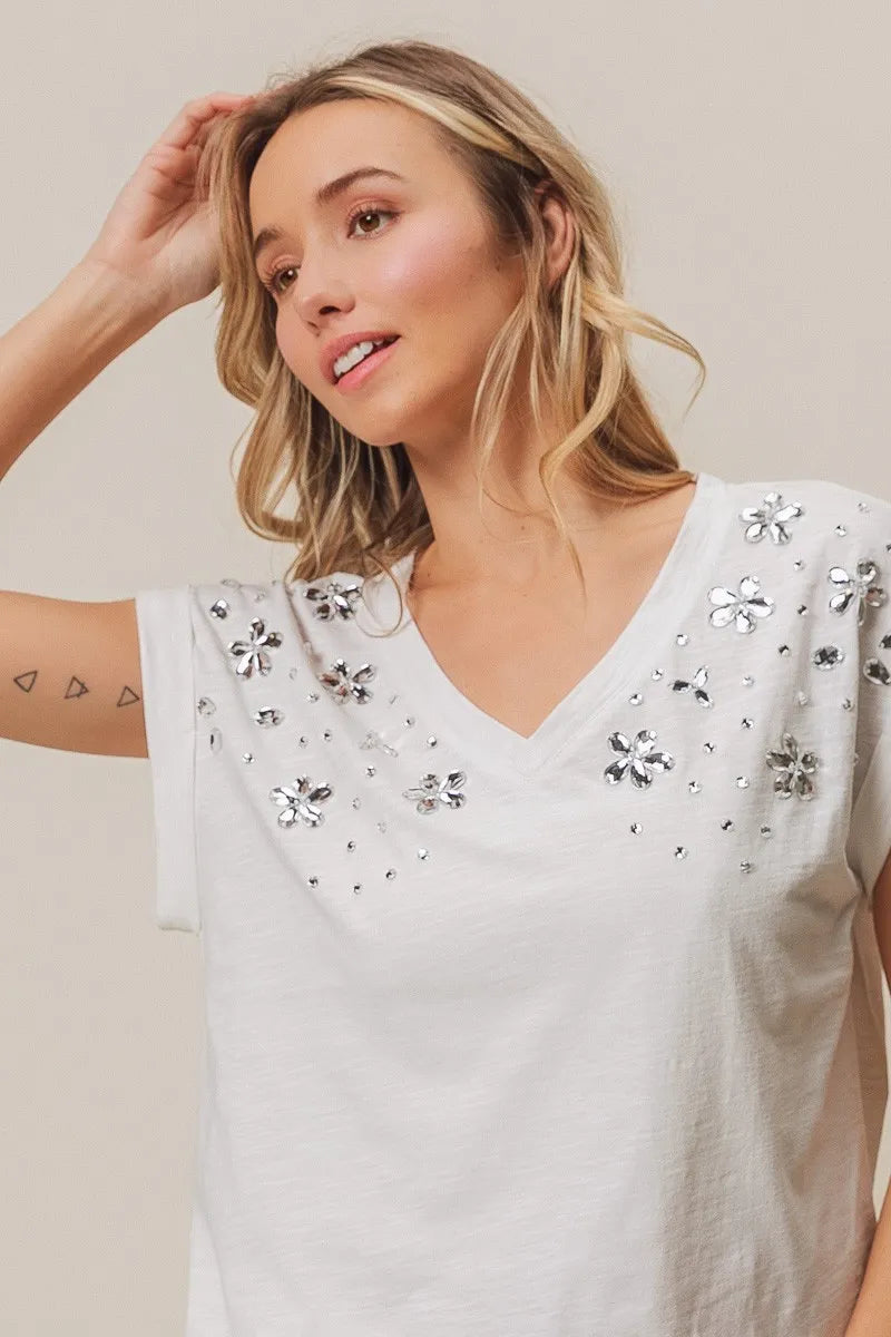 BiBi Slub Jersey Rhinestone V Neck Top