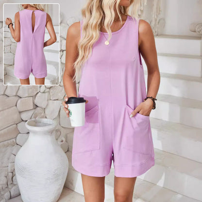 Cotton Sleeveless Pocket Jumpsuit - Loose Fit Wide Waist Romper