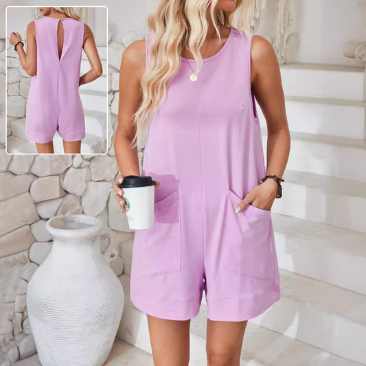 Cotton Sleeveless Pocket Jumpsuit - Loose Fit Wide Waist Romper