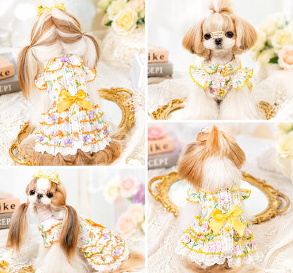Floral Lace Dog Dress | Cottagecore Pet Princess Dress with Bow & Pearl Buttons