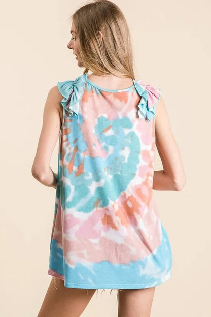 BiBi Circular Tie Dye Knit V Neck Top With Ruffle