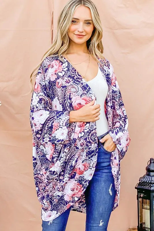 And The Why Floral Print Dolman Sleeve Kimono Cardigan