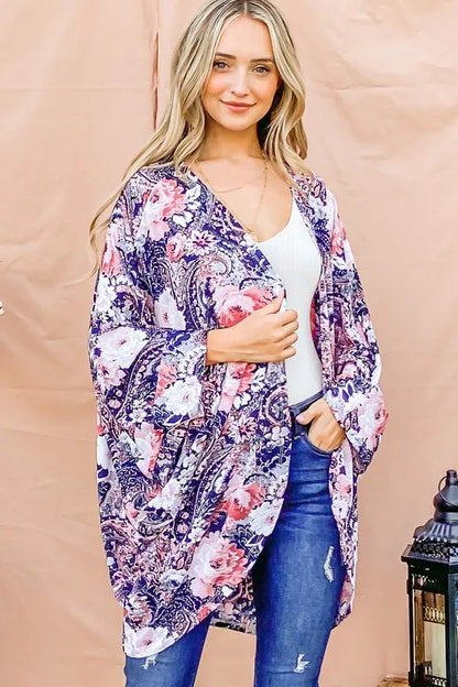 And The Why Floral Print Dolman Sleeve Kimono Cardigan