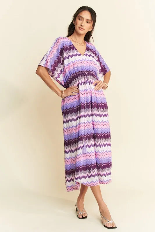 Davi & Dani Multi Color Wavy Tie Waist Flowy Sleeve Dress
