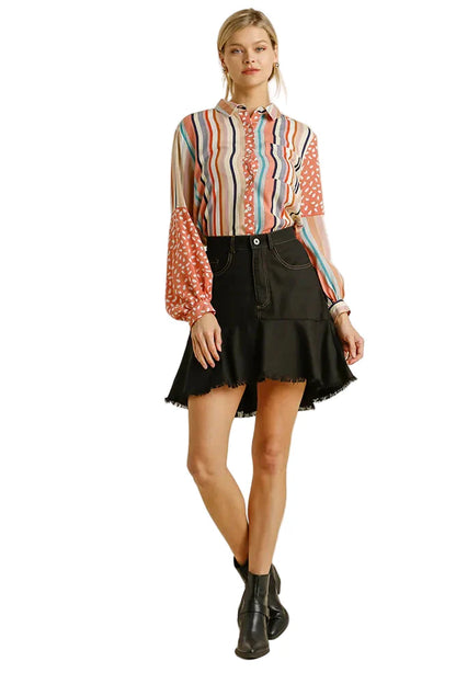 Linen Blend 5 Pockets High Low Skirt with Frayed Hem