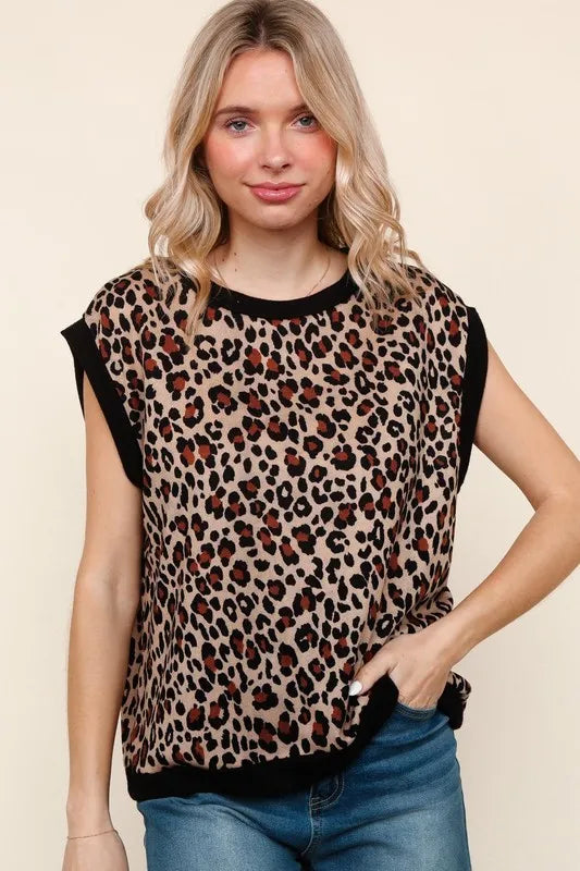 Haptics Leopard Print Dolman Cap Sleeve Knit Top