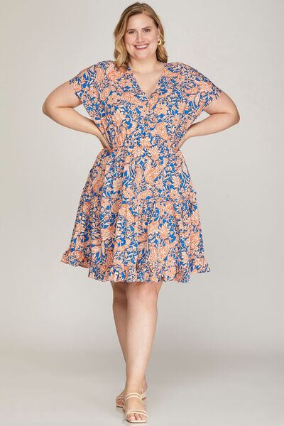 She Sky Full Size Ruffled Hem Printed Surplice Kimono Sleeve Mini Dress Plus Size