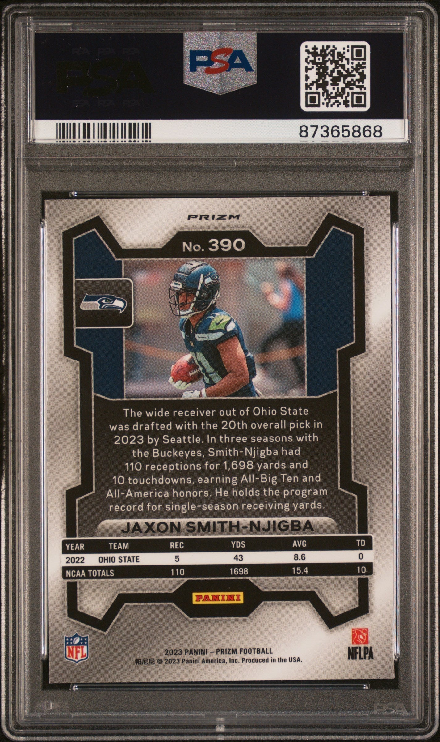 Graded 2023 Panini Prizm Jaxon Smith-Njigba #390 Neon Green Pulsar Rookie RC Football Card PSA 10 Gem Mint