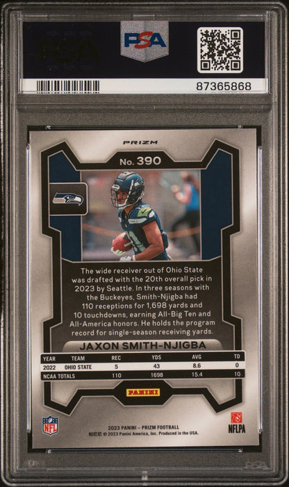 Graded 2023 Panini Prizm Jaxon Smith-Njigba #390 Neon Green Pulsar Rookie RC Football Card PSA 10 Gem Mint