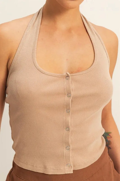 HYFVE Halter Neck Buttoned Washed Top