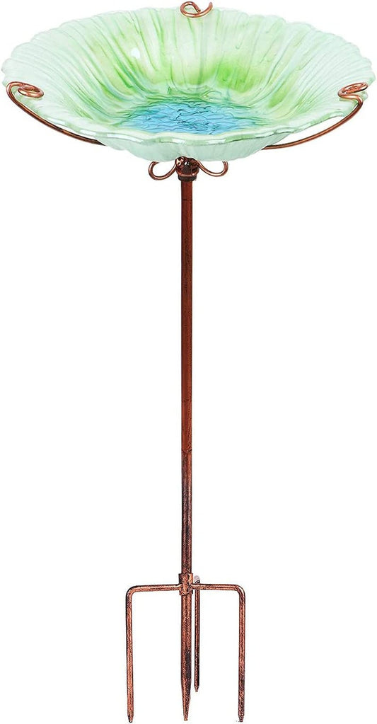 26 Inch Height Glass Birdbath Birdfeeder with Metal Stake Garden Outdoor Green