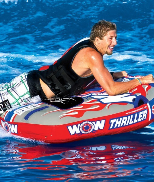 WOW Sports Thriller 1 Person Towable Water Tube - Starter Kit w/ 12V Pump & 1K Tow Rope