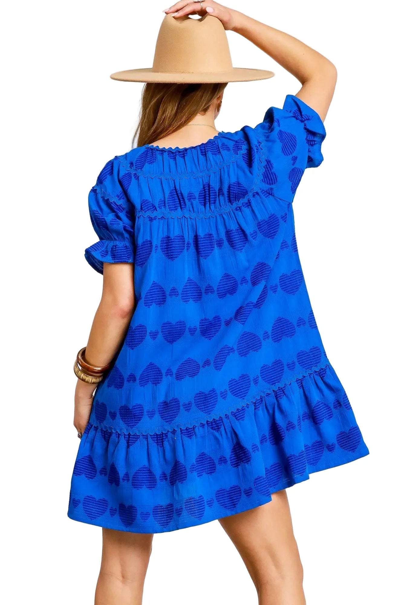 Umgee Heart Pattern Short Sleeve Ruffle Babydoll Dress
