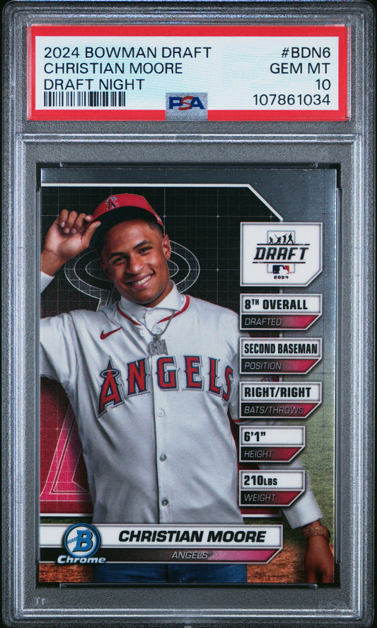 Graded 2024 Topps Bowman Draft Christian Moore #BDN6 Draft Night Rookie RC Baseball Card PSA 10 Gem Mint