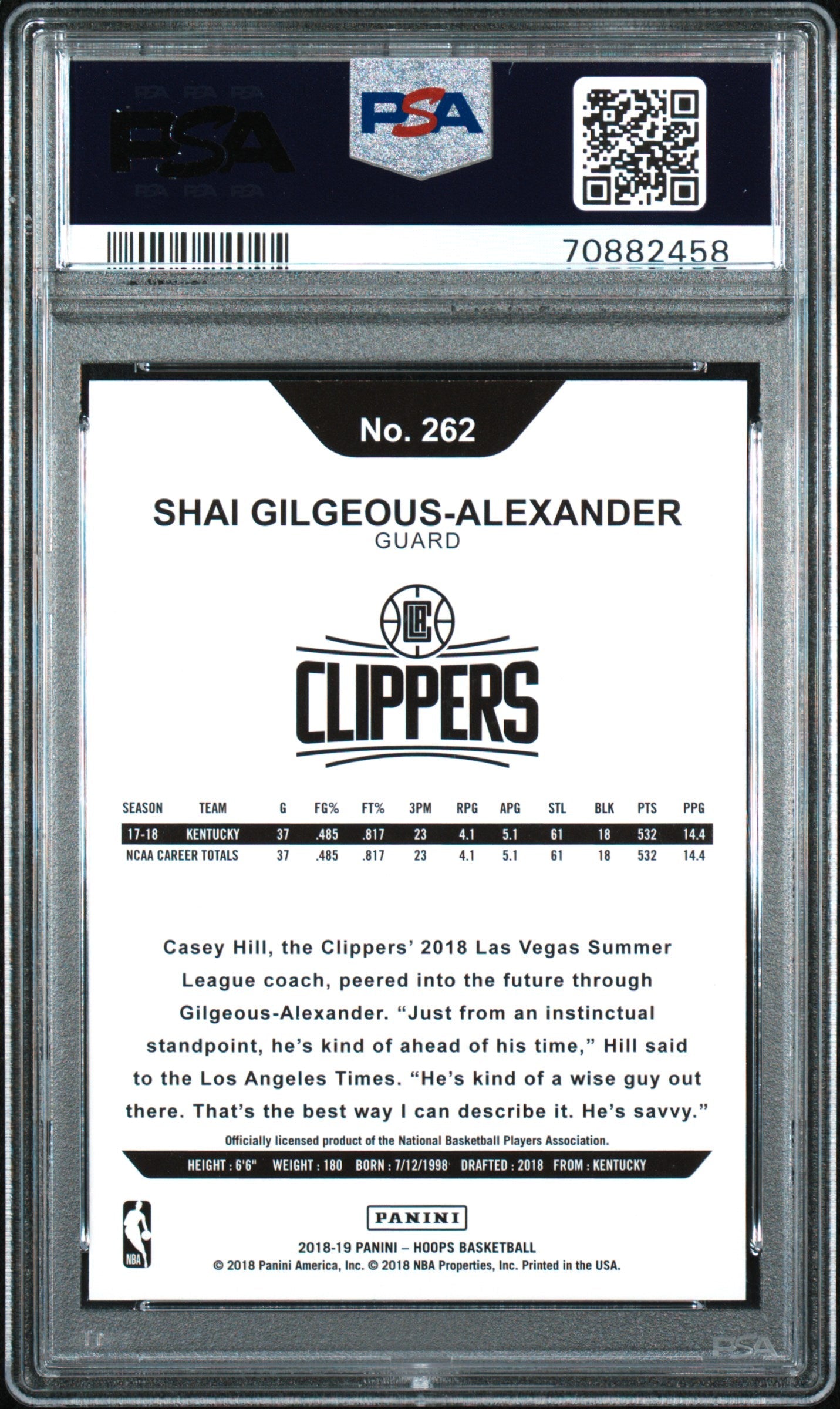 Graded 2018 Panini Hoops Shai Gilgeous-Alexander #262 Rookie RC Basketball Card PSA 10 Gem Mint
