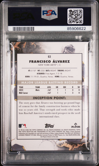 Graded 2023 Topps Inception Francisco Alvarez #63 Rookie RC Baseball Card PSA 10 Gem Mint