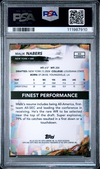Graded 2024 Topps Finest Malik Nabers #90 Rookie RC Football Card PSA 10 Gem Mint