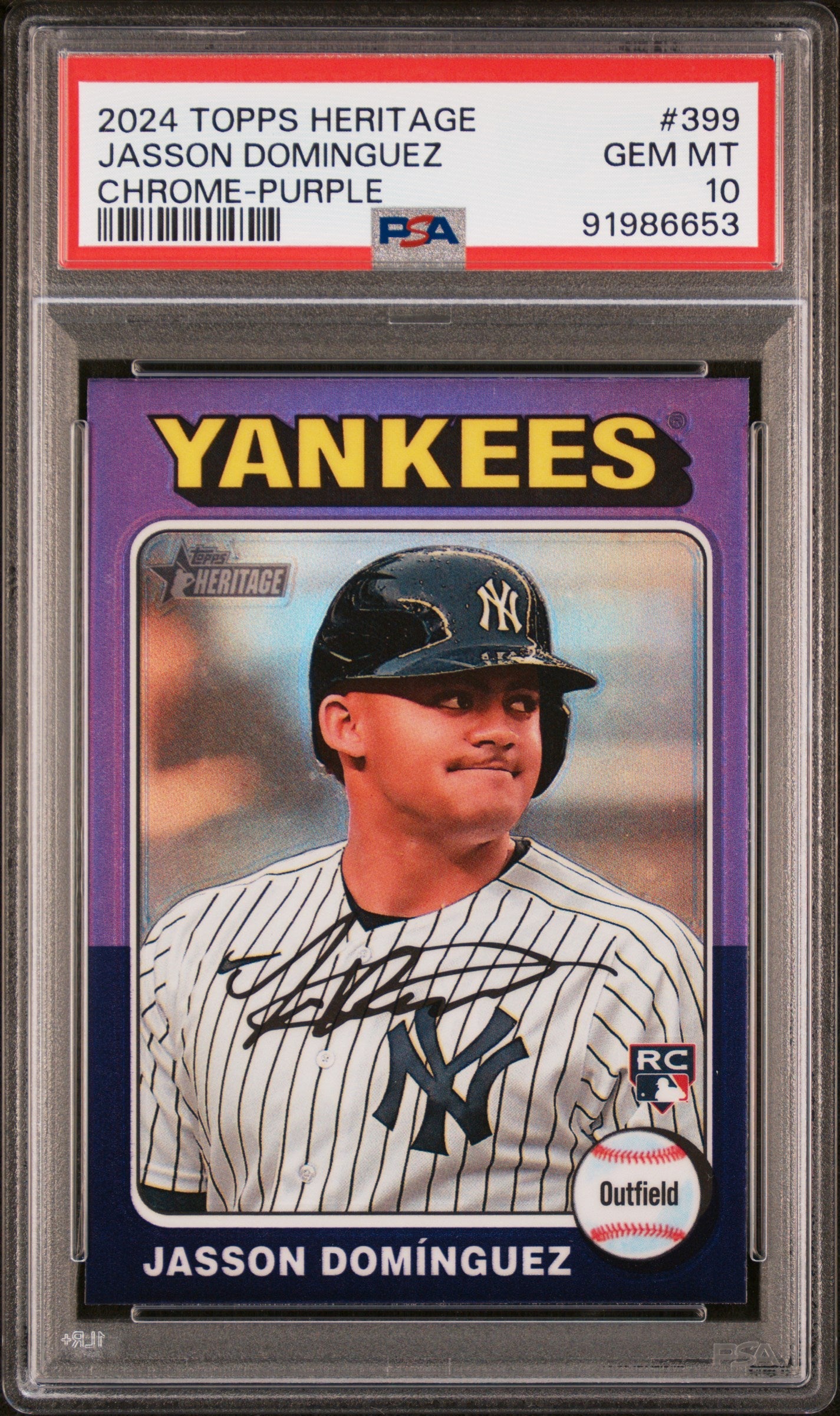 Graded 2024 Topps Heritage Jasson Dominguez #399 Chrome Purple Rookie RC Baseball Card PSA 10 Gem Mint