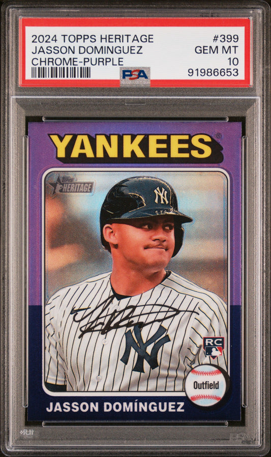 Graded 2024 Topps Heritage Jasson Dominguez #399 Chrome Purple Rookie RC Baseball Card PSA 10 Gem Mint