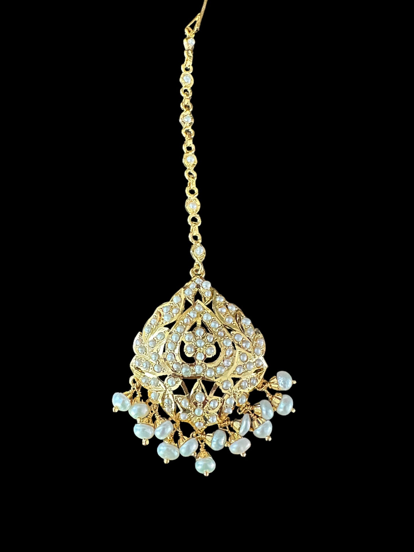 Gold plated silver tikka in fresh water pearls ( SHIPS IN 5 WEEKS )