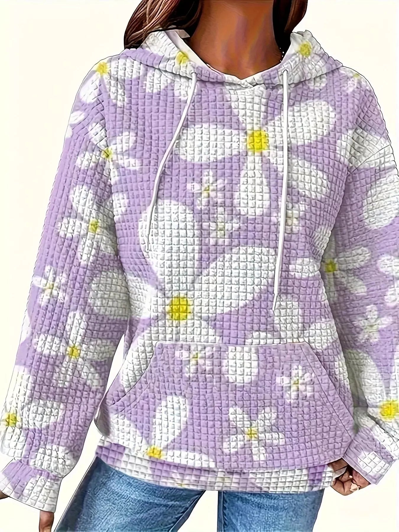 Floral Print Textured Drawstring Hoodie