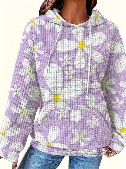 Floral Print Textured Drawstring Hoodie