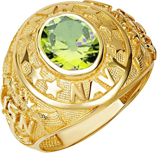 Claddagh Gold 14K Yellow Solid Gold U.S. Navy Licensed Men's Ring with Oval Lab-Created Gemstone with Multiple RingSize