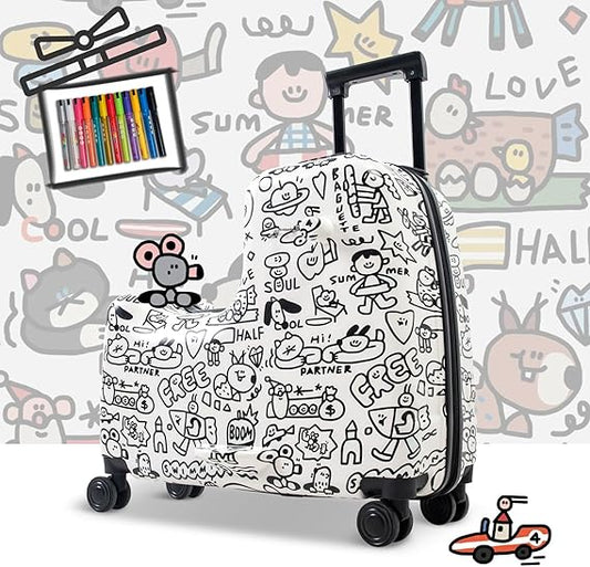 22 Inch Kid's Ride on Suitcase, Painting Hardside Suitcase, Personalize Decoration Travel Luggage for Kids, DIY Coloring Customize Carry-On Luggage with Washable Markers and Dust Cover, 120LBS, White