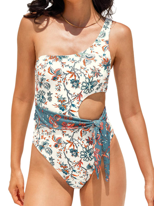 CUPSHE Women's One Piece Swimsuit One Shoulder Side Cutout Belted Self Tie High Cut Swimwear, L