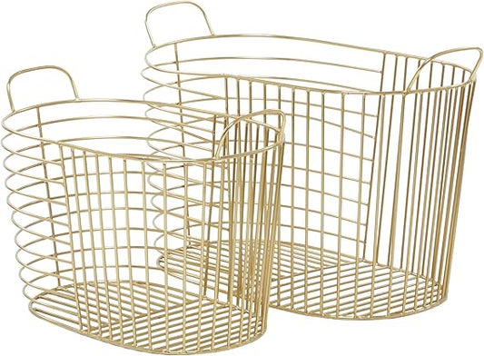 CosmoLiving by Cosmopolitan Metal Round Storage Basket with Handles, Set of 2 20", 17"W, Gold