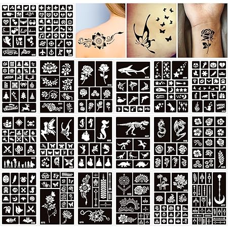 20 Sheets Temporary Tattoos Stencils for Kids, Glitter Henna Face Body Paint Stencil Kit, Girls Flowers Mermaid Boys Dragon Airbrush Art Tattoo for Birthday Halloween Christmas Party Favors