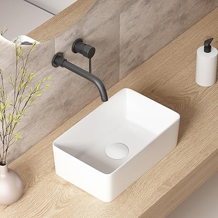 Small Bathroom Sink Above Counter: 14_Ü_x9_Ü_ Retangle Vessel Sink, OCEALAGOON White Bowl Sinks for Bathrooms RV Lavatory Porcelain Ceramic Tiny Bathroom Vanity Sink