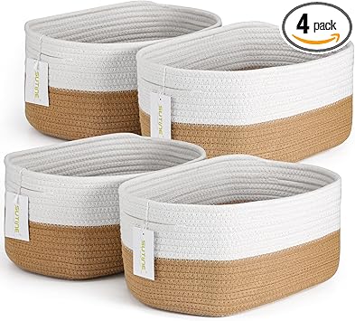 4 Pack Woven Storage Baskets for Organizing, Cube Cotton Rope Baskets for Storage with Handle, Rectangle Decorative Basket for Shelves Towels Clothes Books, Gift Basket Bins Toy Storage, Brown & White