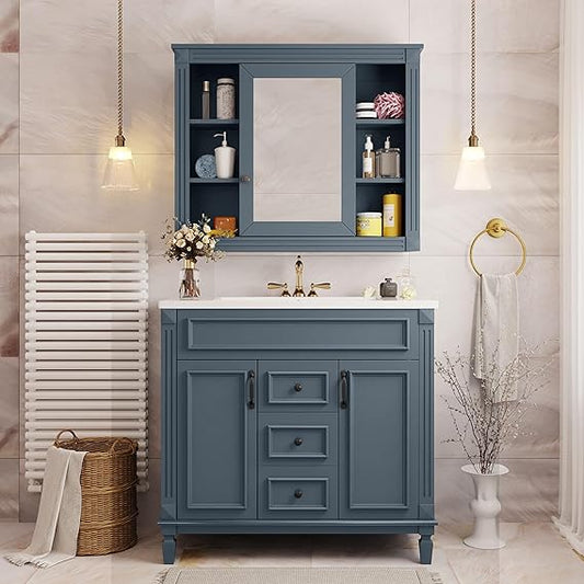 Merax 36_„� Bathroom Vanity with Sink, 36 inch Bathroom Vanity Cabinet with Matching Mirror Medicine Cabinet, Bathroom Storage Cabinet with Sink Top (Sink Cabinet + Mirror Cabinet Set, Blue)