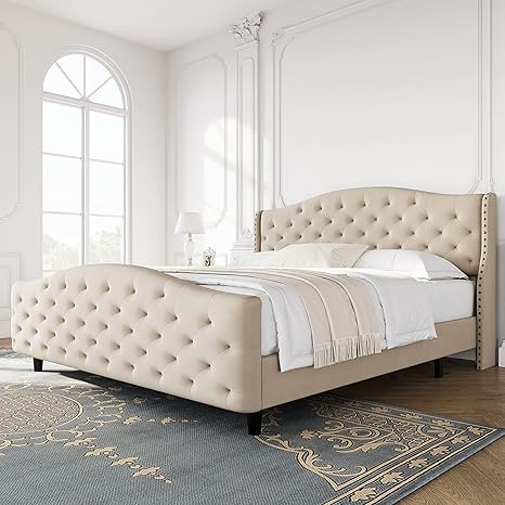 GAOMON King Size Velvet Bed Frame with Headboard and Footboard, Tufted Wingback Headboard Upholstered Platform Bed, Strong Wooden Slats, No Box Spring Needed, Easy Assembly (Beige, King)