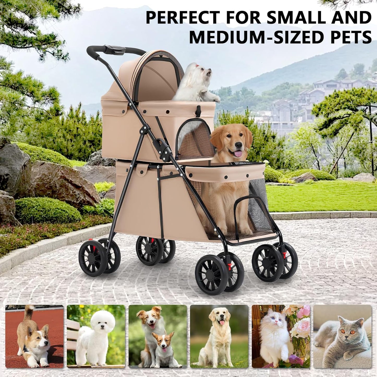 Double Pet Stroller + Foldable Beige Linen Breathable Design