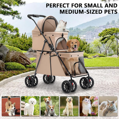 Double Pet Stroller + Foldable Beige Linen Breathable Design