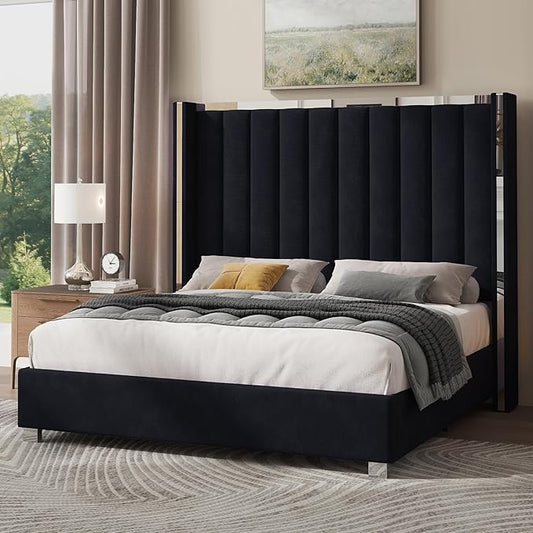 Jocisland Queen Size Bed Frame with 58" Tall Headboard, Velvet Upholstered Platform Bed with Channel Tufted Wingback Headboard and Plating Trim, No Box Spring Needed, Black