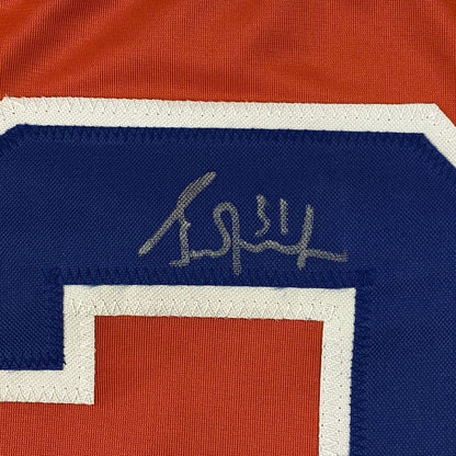 Framed Autographed/Signed Grant Fuhr 35x39 Edmonton Orange Hockey Jersey JSA COA