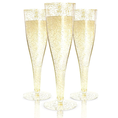 48 Champagne Flutes Plastic, Disposable Mimosa Party Cups, Gold Glitter, NYE