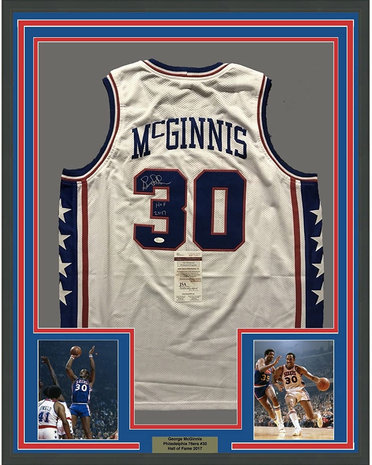Framed Autographed/Signed George McGinnis HOF 2017  35x39 Philadelphia White Basketball Jersey JSA COA