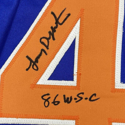 Framed Autographed/Signed Lenny Dykstra 35x39 86 WS Champs New York Blue Baseball Jersey JSA COA