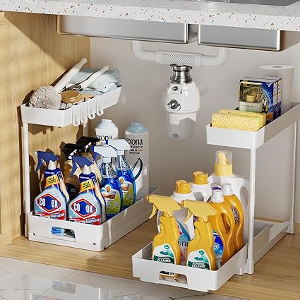 Delamu 2 Pack Under Sink Organizers and Storage, 2 Tier Pull Out Bathroom Cabinet Organizer, L-Shape White Under Bathroom Kitchen Sink Organizer with Drawer for Under Sink Storage Organizer