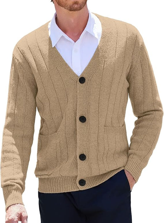 COOFANDY Men's Cardigan Sweater Cable Knit V Neck Button up Sweaters Ribbed Cardigan Sweater with Pockets